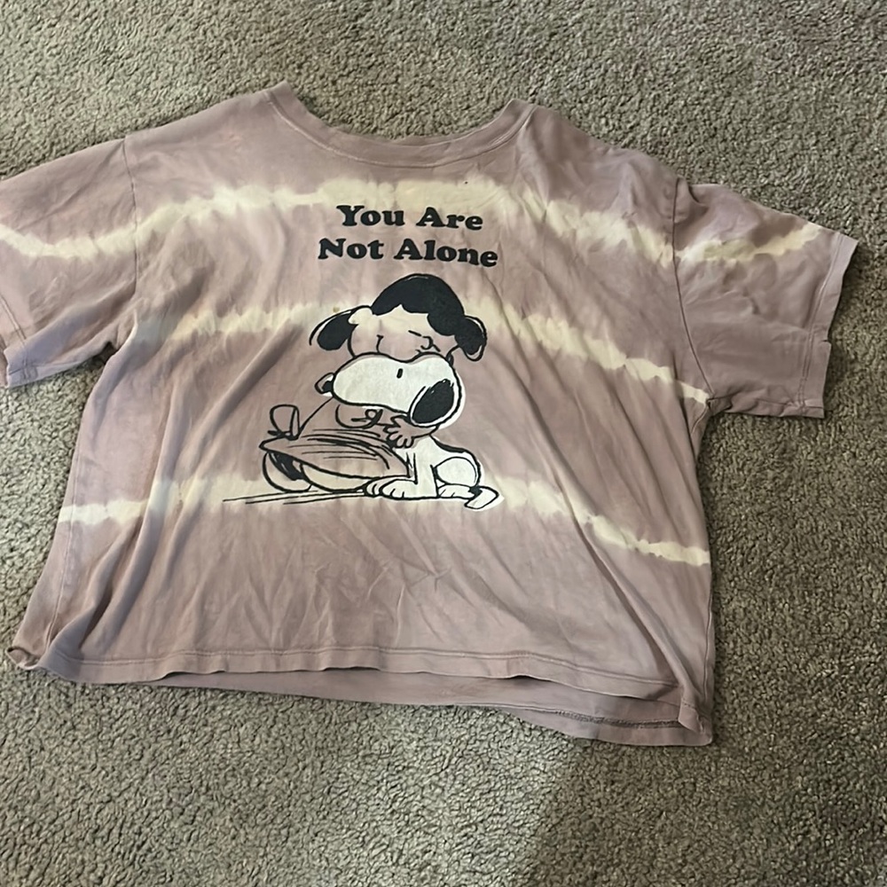 Purple and white tie died snoopy shirt.